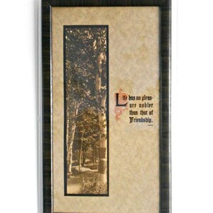 Puede incluir: Impresi&oacute;n art&iacute;stica enmarcada con una fotograf&iacute;a en tonos sepia de &aacute;rboles y la cita, "Life has no pleasure nobler than that of Friendship." El marco es marr&oacute;n oscuro.