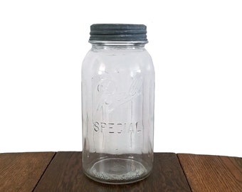 Vintage Ball Jar Mason with Original Zinc Band and Glass Lid - Clear Glass - Half Gallon Capacity Size - Grippers for Easy Hold