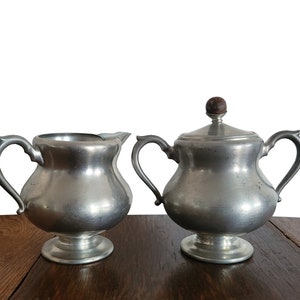 Vintage Pewter Sugar Bowl and Creamer Set - 1950s KMD Tiel Made in Holland Stamped - Pewter and Wood Creamer and Sugar Bowl Set