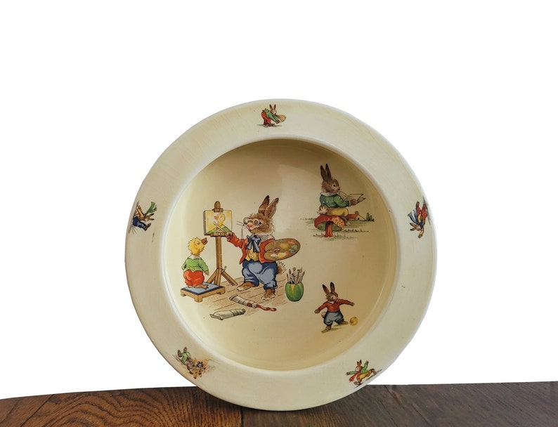 1930s Vintage Decor Children's Royal Winton Decorative Cereal Bowl Bunny's Playtime Nursery Decor or Easter Decor image 1