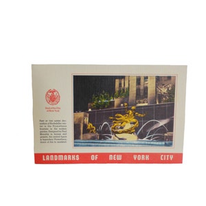1940 年代のヴィンテージ ポストカード リネン - ニューヨーク市のランドマーク - ロックフェラー センターのプロメテウス噴水 - 未使用