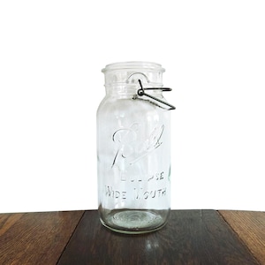 Vintage Ball Jar Large Clear Eclipse Wide Mouth Jar with Original Glass Lid and Wire Bail Closure - Home Decor or Event Decor