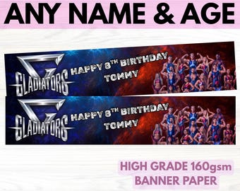 2X Personalised Gladiators Birthday Banner - 21cmx100cm - party decor