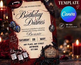 Vampire Diaries Inspired Birthday Invitation, Editable Canva Party Invite (4x6 inches) (Digital Download)