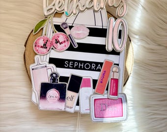 Personalised with name and age Sephora inspired skincare beauty cake topper