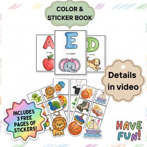 Può includere: Un libro da colorare e adesivi per bambini con il testo "COLOR & STICKER BOOK". Il libro include pagine con le lettere A, E e D, insieme a illustrazioni corrispondenti di una mela, un elefante e un cane. L'immagine include anche adesivi.
