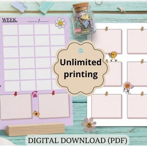 Può includere: Un download digitale con un pianificatore settimanale e fogli di note. Il pianificatore è lavanda con una grafica a margherita e la scritta "WEEK". I fogli di note hanno riquadri rosa con grafiche a puntine. È visibile anche la scritta "Unlimited printing".