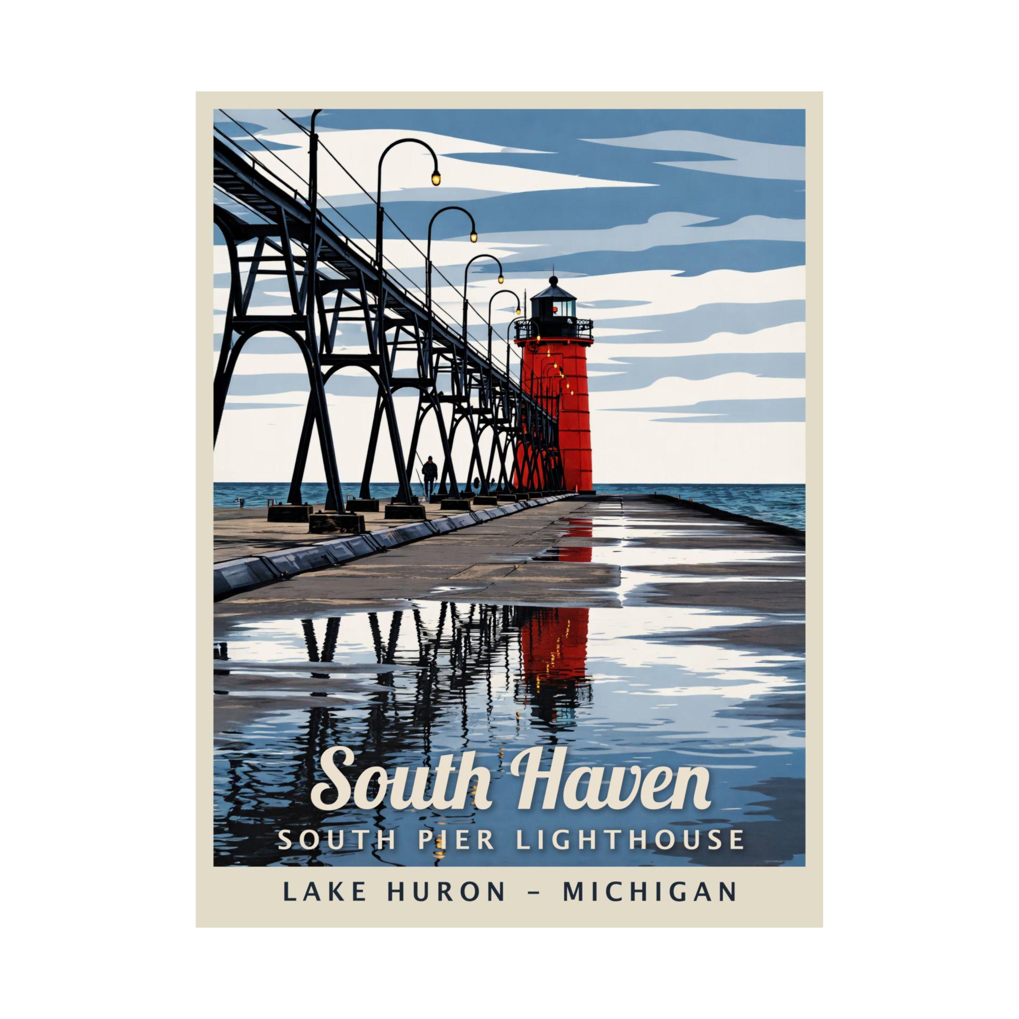 South Haven Lighthouse Poster, Vintage Michigan Pier Art, Lake Michigan ...