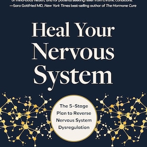 May include: Book cover with the title "Heal Your Nervous System" in large white letters on a dark blue background. The cover includes text about the book's content and author, Dr. Linnea Passaler.