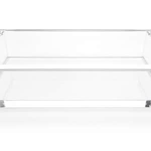 Puede incluir: Una bandeja rectangular de acr&iacute;lico transparente con una base plana y cuatro lados verticales. La bandeja presenta juntas estructurales visibles en cada esquina, construida con material transparente e incoloro con un acabado liso y pulido.