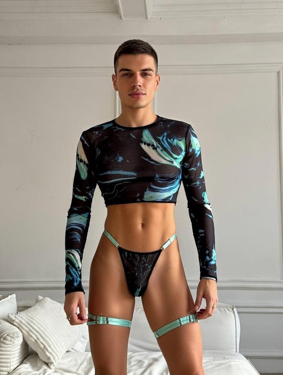 Lingerie Set for Men - Femboys Lingerie – Stretch Mesh Bra, Top, Briefs and Garters, Playful LGBT Lingerie - Men Underwear - Lingerie Femboy