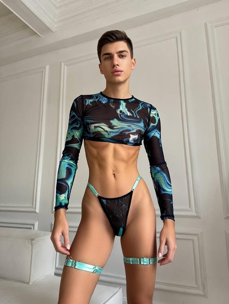May include: A sheer black crop top and matching thong underwear set with a blue and green marbled pattern. The outfit includes light blue garter straps around the thighs.