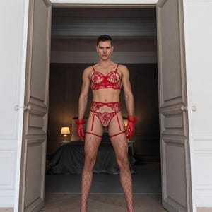 Röda nätstrumpor för män - Femboy-benkläder - Kawaii lår - Höga strumpor - Könsneutrala estetiska strumpor - Stretchiga meshstrumpbyxor