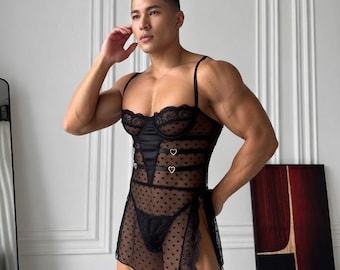 Sheer Mesh Lace Peignoir for Men and Femboys – Heart Detail Lingerie Dress with Briefs – LGBT Outfit