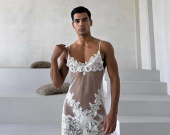 White Lace Babydoll, Sheer Femboy Lingerie with Thong