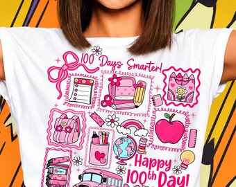 100 Days Smarter PNG, Pink 100th Day of School PNG, Girly Teacher Sublimation, Cute School Collage, Classroom Shirt Design Digital Download
