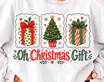 Oh Christmas Gift PNG, Vintage Christmas PNG, Christmas Tree & Present Design, Retro Holiday, Festive Gift PNG, Christmas Digital Download