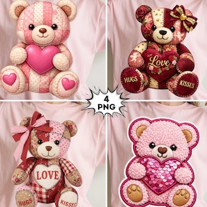 Orsetto patchwork in formato PNG, abbracci e baci di San Valentino in formato PNG, orsetto trapuntato a forma di cuore con stampa a sublimazione, maglietta carina e accogliente per San Valentino, download digitale