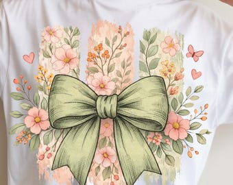 Coquette florale noeud PNG, noeud floral aquarelle PNG, conception de chemise girly preppy, sublimation florale printemps été, téléchargement numérique