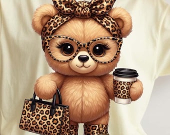 Leopard Print Coffee Bear PNG, Cute Girly Teddy Bear PNG, Bear with Glasses and Purse, Fall Fashion Animal Print Shirt, Sublimation PNG