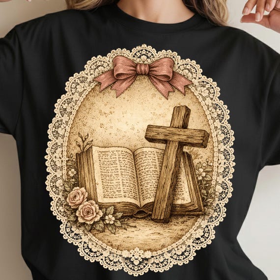 Vintage Thrifted Christian Cross PNG, Grandma Core Cottagecore Bible Design, Coquette Oval Frame Faith PNG, Christian Cross Digital Download