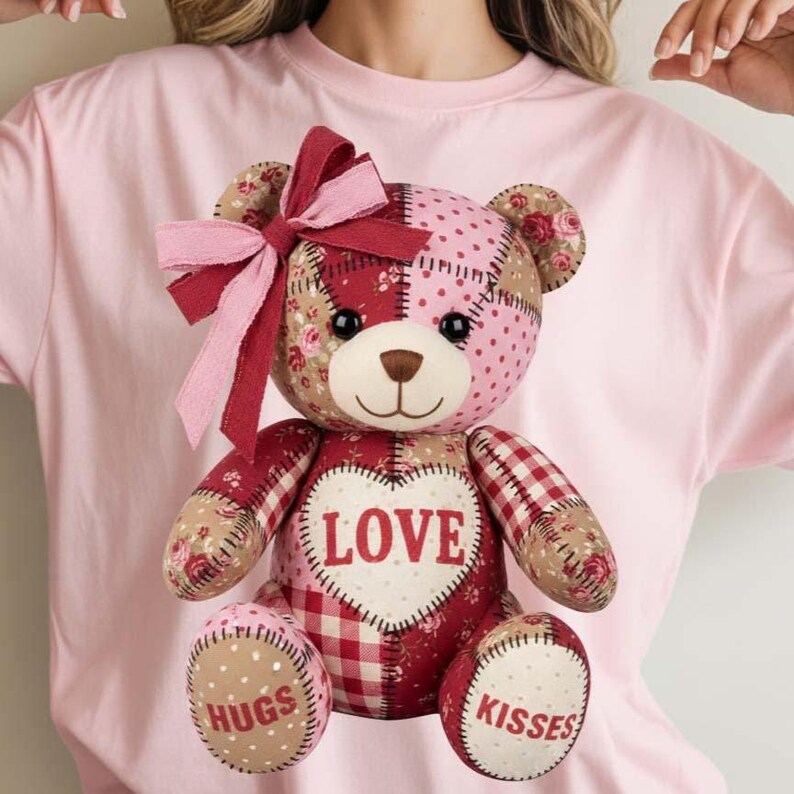 Patchwork Teddy Bear PNG, Valentine Hugs and Kisses PNG, Quilted Love ...