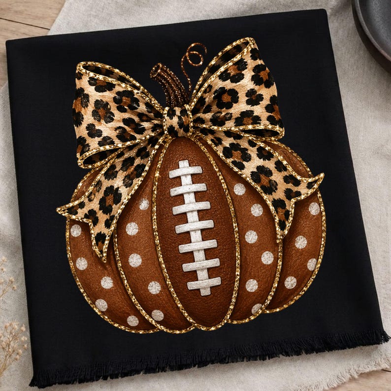 May include: A black fabric square featuring a central graphic of a brown pumpkin shaped like a football with white laces. The pumpkin is decorated with white polka dots and topped with a large leopard print bow with gold glitter trim.
