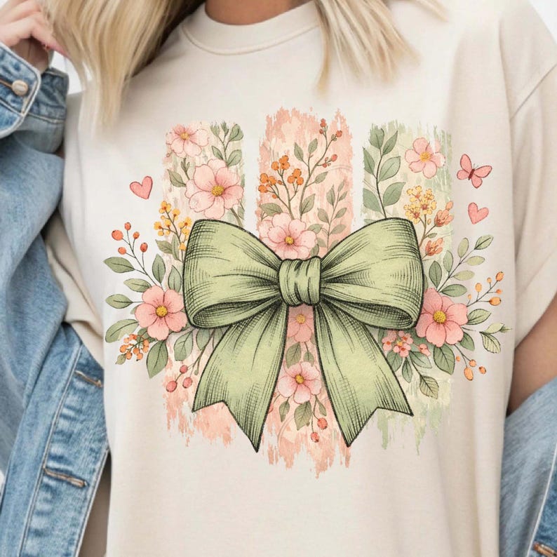 May include: A cream-coloured t-shirt with a large, pale green bow surrounded by pink flowers, leaves, and small hearts. The design includes vertical brushstroke-style stripes in shades of pink and green, creating a floral and feminine aesthetic.