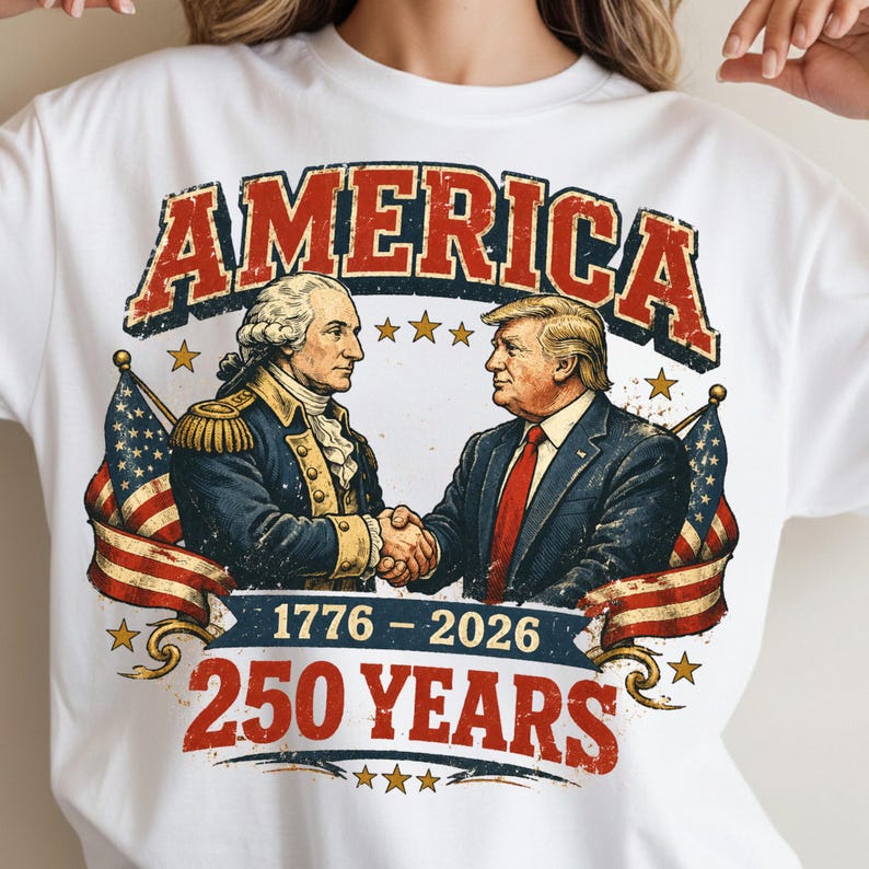 May include: White t-shirt featuring a graphic with the word "AMERICA" in red, distressed lettering. The design includes illustrations of George Washington and Donald Trump shaking hands, with American flags and text marking 250 years.