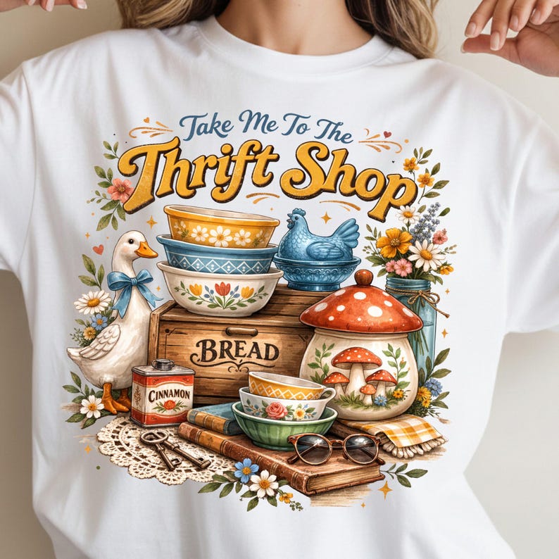 K&ouml;nnte beinhalten: Wei&szlig;es T-Shirt mit einer farbenfrohen Illustration. Das Design zeigt den Text "Take Me To The Thrift Shop", eine Ente, Schalen, eine Brotkiste, einen Pilztopf und Blumen. Das Design ist von Vintage inspiriert.
