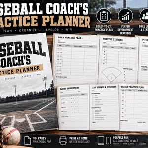 May include: A spiral-bound Baseball Coach's Practice Planner with a black and white baseball field cover image. The planner includes printed pages for daily practice plans, practice stations, pitching plans, player development, and drill libraries.