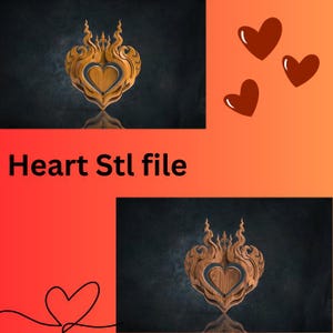 Op de afbeelding: Een houten hartvormige sculptuur met vlamachtige details en een hartuitsparing in het midden. De afbeelding bevat ook drie bruine harten en de tekst "Heart Stl file" op een verloopachtergrond.