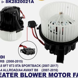 May include: A new heater blower motor fan for Audi vehicles. The image shows the fan assembly with a black motor housing and a white fan. The text on the image indicates compatibility with Audi Q5, A5, and A4 models.