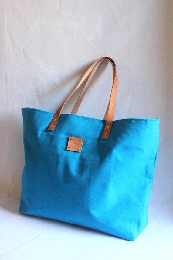 SPECIALIZED LABEL...Beach bag sized TURQUOISE tote bag Canvas Tote..