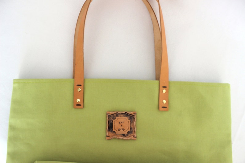 Canvas Tote.. AVOCADO tote bag with PERSONALIZED leather label