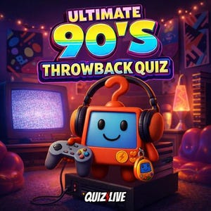 Peut inclure: Illustration colorée annonçant un quiz sur les années 90. L'image présente un personnage de télévision de dessin animé avec un casque, une manette de jeu et un porte-clés. Le texte "ULTIMATE 90'S THROWBACK QUIZ" est affiché. Les mots "QUIZ LIVE" sont en bas.