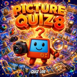 Könnte beinhalten: Eine lebendige digitale Grafik mit dem Titel PICTURE QUIZ 8, die eine zentrale orangefarbene Zeichentrickfigur mit einem Bildschirm als Gesicht zeigt, die eine Kamera und eine Lupe hält, umgeben von vielen kleinen quadratischen Bildern.