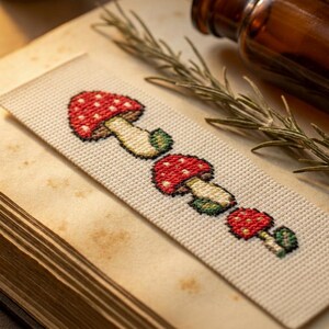 May include: A rectangular fabric bookmark featuring a cross-stitch pattern of three red mushrooms with white spots and cream-colored stems. The embroidery is worked on a light beige, grid-like fabric, showcasing a repeating botanical motif.