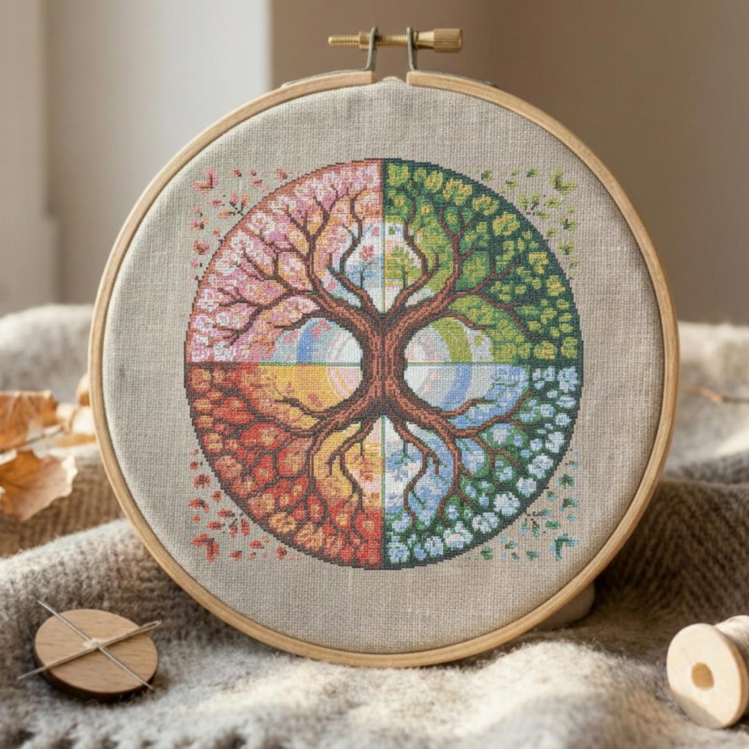 Four Seasons Tree Cross Stitch Pattern, Round Embroidery (PDF Pattern ...