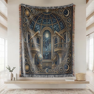Celestial Observatory Woven Blanket, Astrology Wall Tapestry Throw, Gothic Moon Decor, Mystical Cosmic Library Blanket