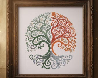 Patrón de punto de cruz del Árbol de la Vida de las Cuatro Estaciones, diseño colorido del ciclo de la naturaleza, PDF de bordado