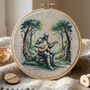 Knight Cross Stitch Pattern, Medieval Guitarist Bard Embroidery PDF, Fantasy RPG Wall Art, Funny Gamer Digital Download