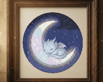 Motif point de croix Dragon lune endormie, PDF de broderie Dragon céleste mignon, motif fantaisie ciel nocturne