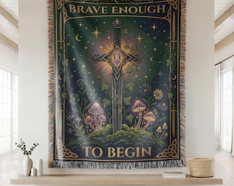 Manta "Lo suficientemente valiente para empezar", manta con forma de hongo y espada mística, decoración de bruja del bosque encantado, tapiz con nudo celta de fantasía