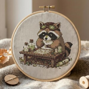 Raccoon Alchemist Cross Stitch Pattern Cute Fantasy Animal Potion Maker Whimsical Cottagecore PDF