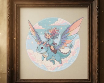 Whimsical Dragon Rider Cross Stitch Pattern, Fantasy Embroidery PDF, Storybook Adventure Design