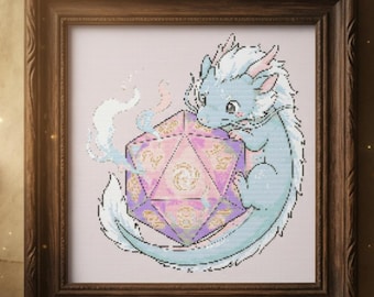 Modèle de point de croix Dragon D20, PDF de broderie de dés RPG fantastique, art pour gamer (téléchargement instantané)
