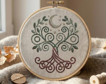 Moonlit Tree of Life Cross Stitch Pattern, Celestial Fantasy Embroidery PDF, Witchy Moon Wall Art, Gothic Cottagecore Digital Download