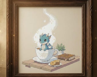 Cozy Tea Dragon Cross Stitch Pattern, Cute Cottagecore Dragon Embroidery PDF, Whimsical Fantasy Stitch