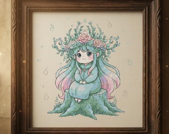 Tree Spirit Cross Stitch Pattern, Forest Guardian Fantasy Embroidery PDF, Cozy Cottagecore Nature Stitch